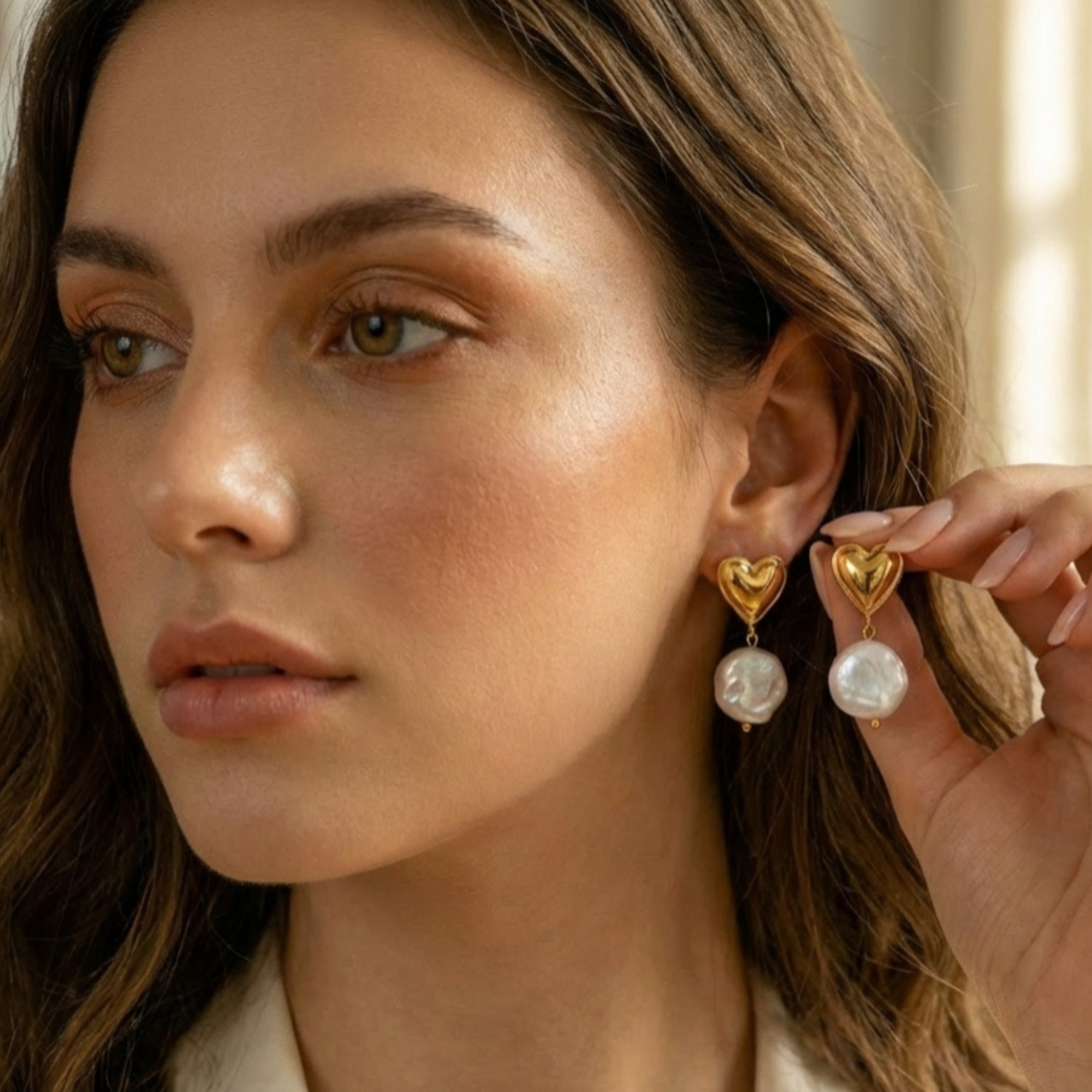 Heart Pearl Gold Drop Earrings