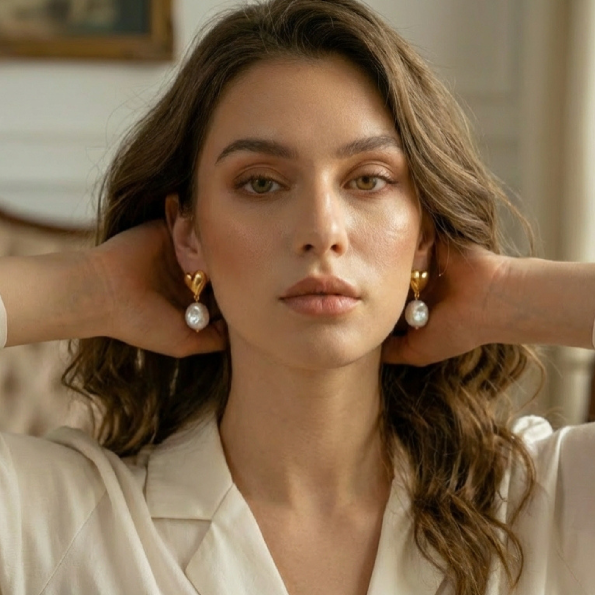 Heart Pearl Gold Drop Earrings