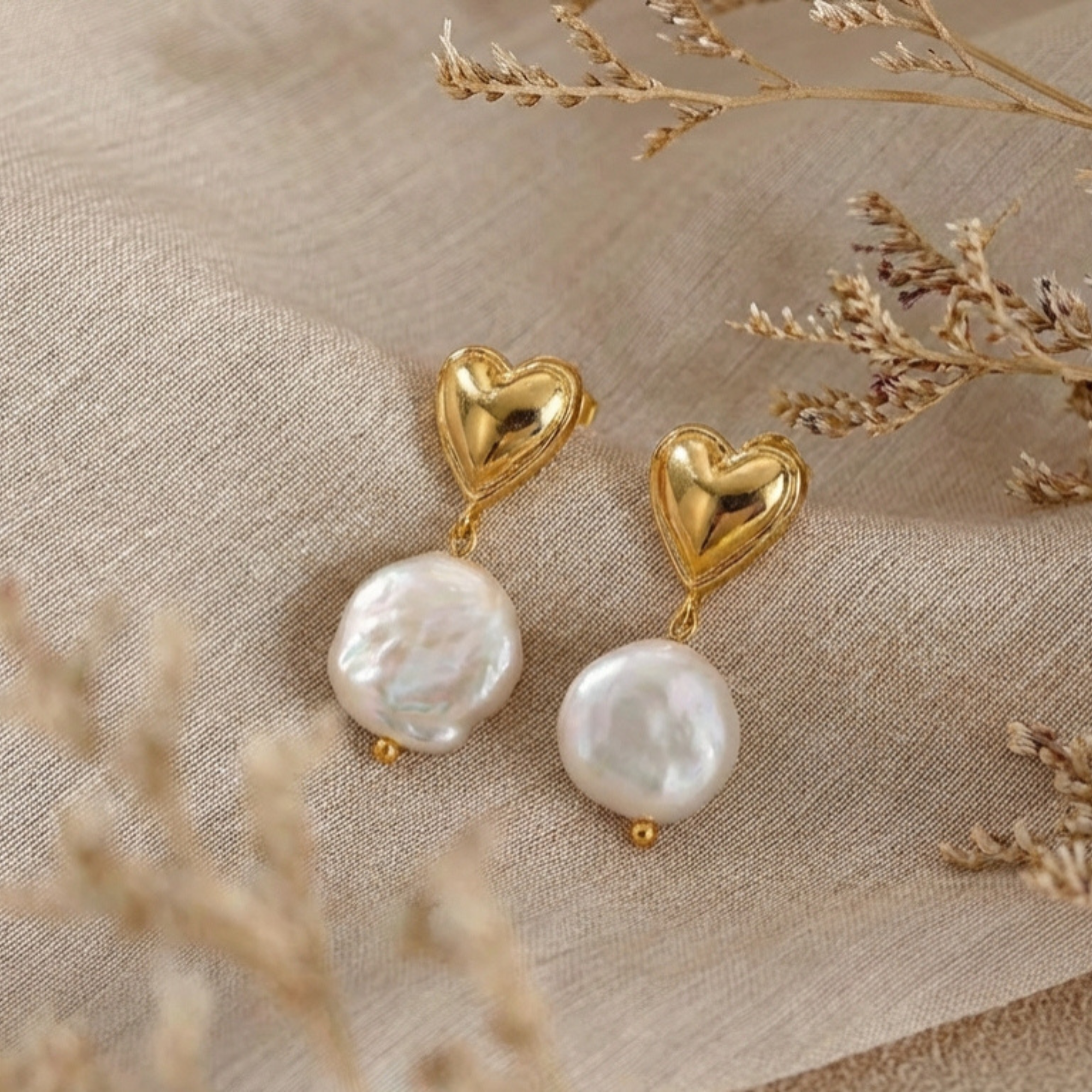 Heart Pearl Gold Drop Earrings