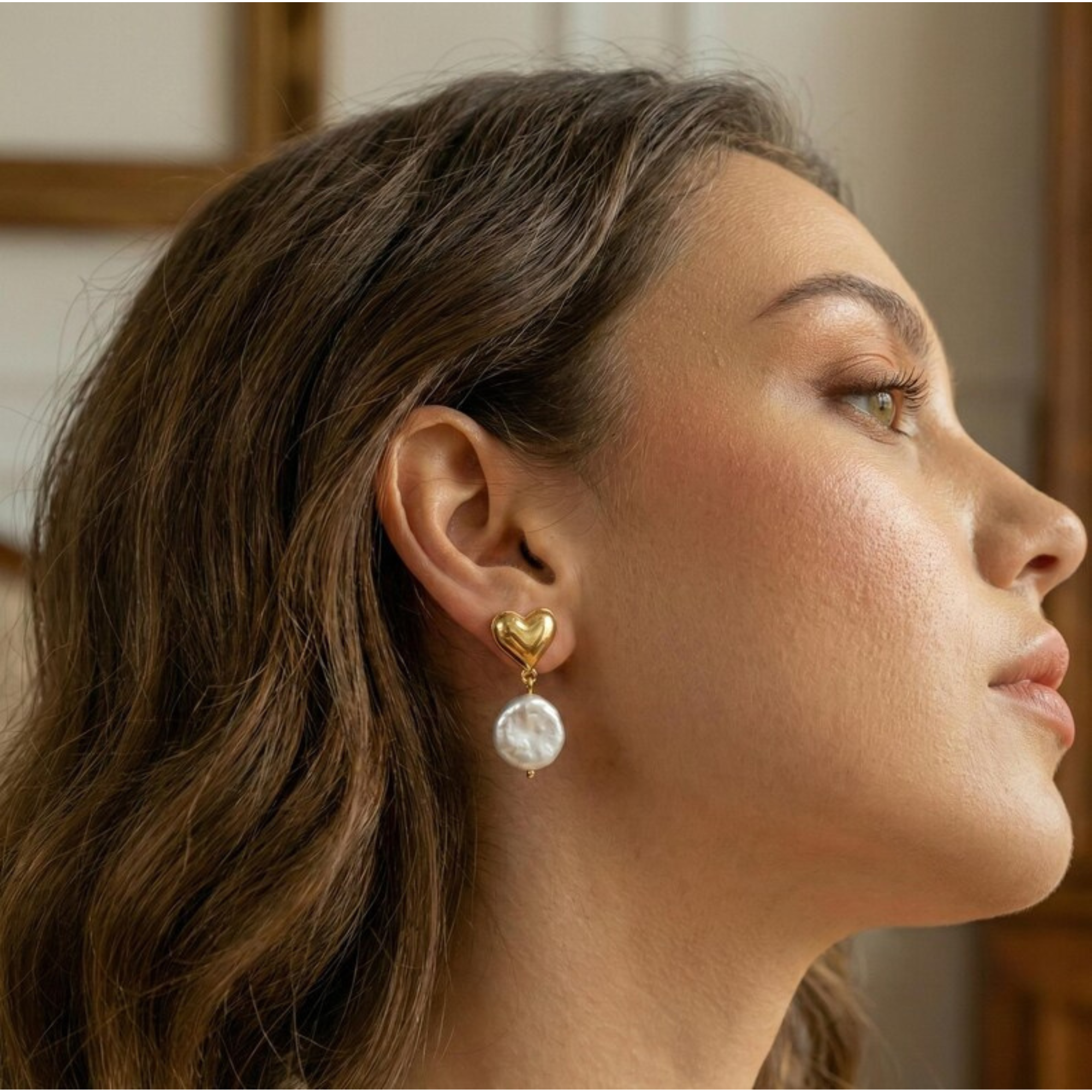 Heart Pearl Gold Drop Earrings