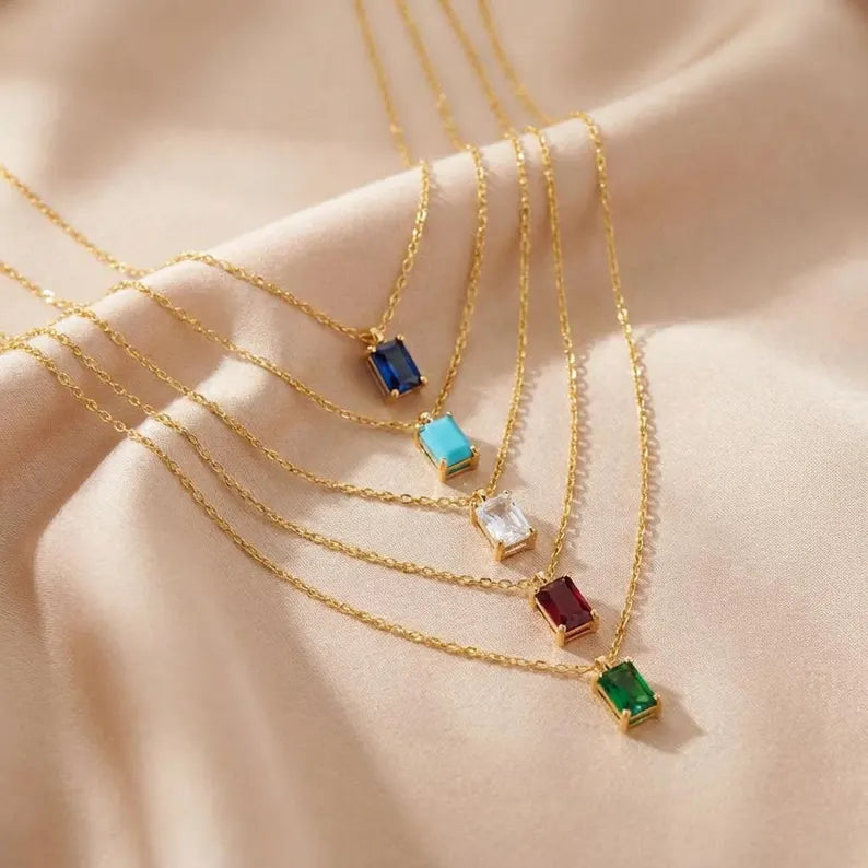 Gold Emerald Cut Birthstone Necklace